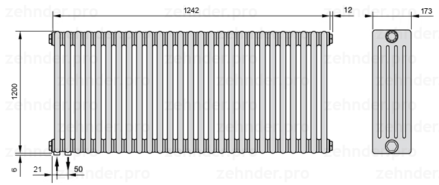Схема (чертеж) Радиатор Zehnder Charleston 5120/27 №3370 Белый глянцевый RAL 9016